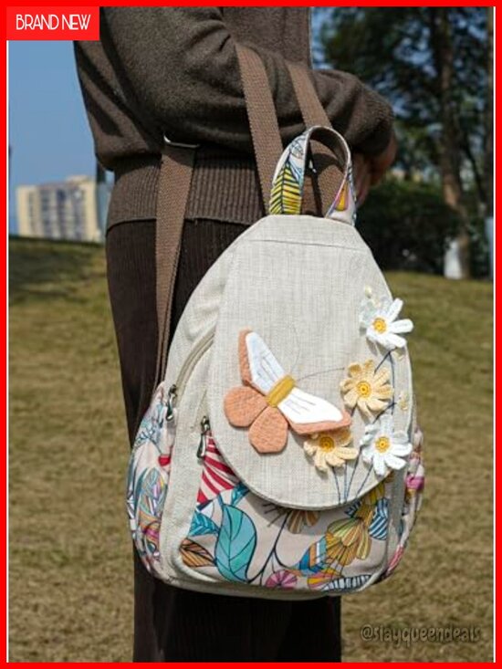 Boho Cotton Hemp Canvas Backpack Embroidered Casual Daypack Travel Purse Handbag main image 6